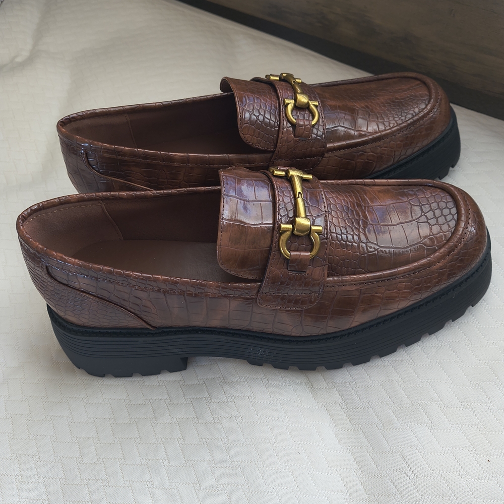ASOS Brown Croc-Embossed Loafers with Gold Detail